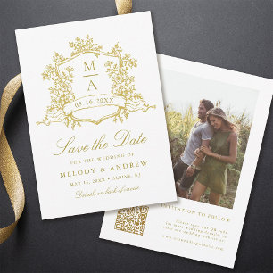 Classic Floral Crest Gold Wedding Photo  Save The Date