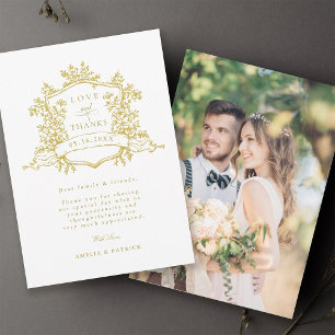 Classic Floral Crest Gold Wedding Photo Thank You Card