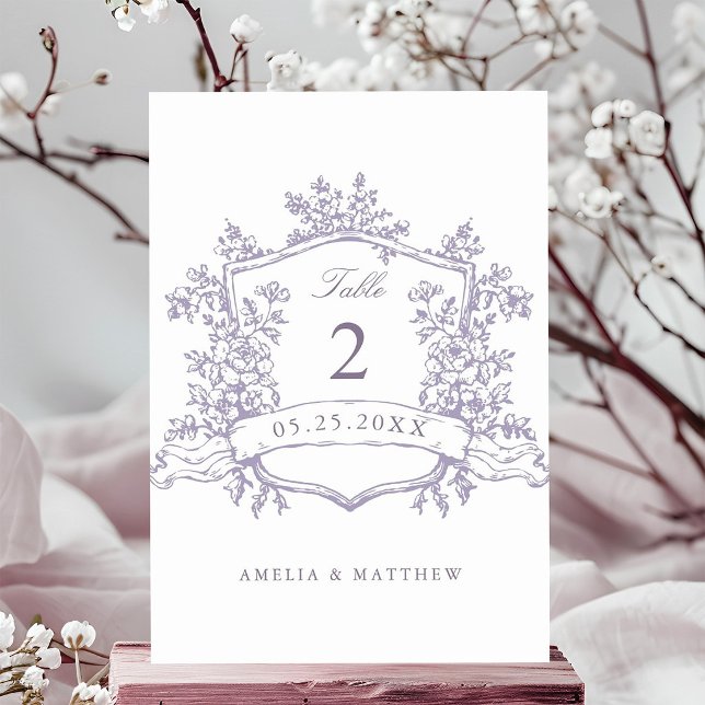 Classic Floral Crest Lavender Wedding Table Number (Creator Uploaded)