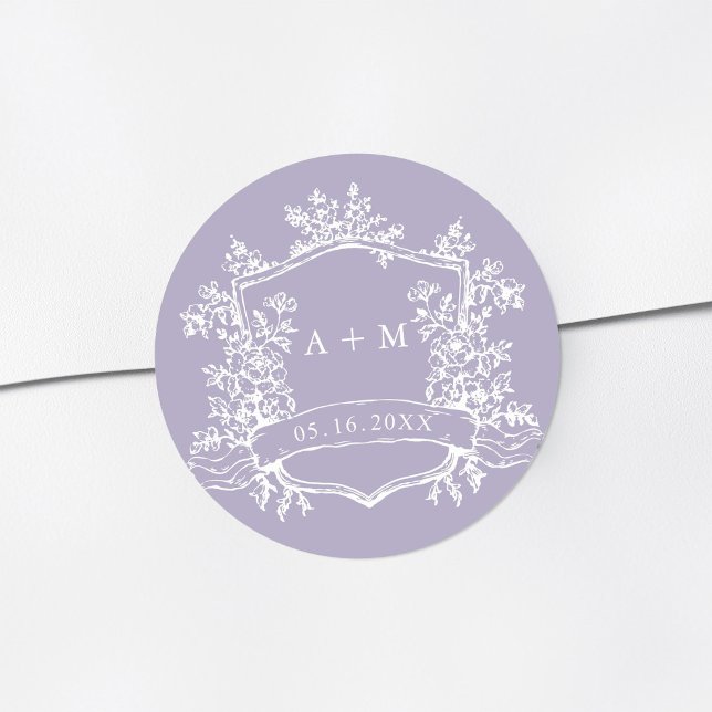 Classic Floral Crest Monogram Lavender Round Sticker (Creator Uploaded)