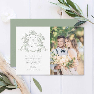 Classic Floral Crest Sage Green Wedding Photo  Thank You Card