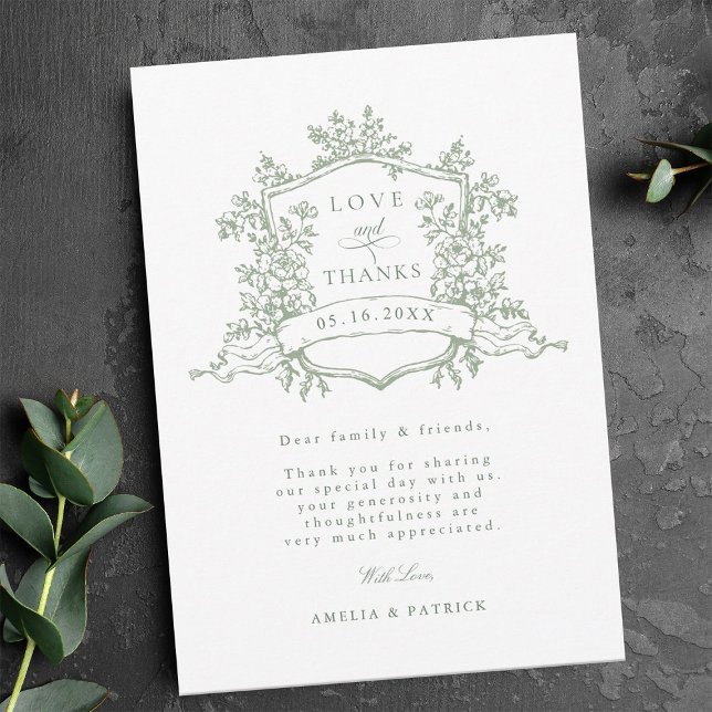 Classic Floral Crest Sage Green Wedding Photo Thank You Card (Creator Uploaded)