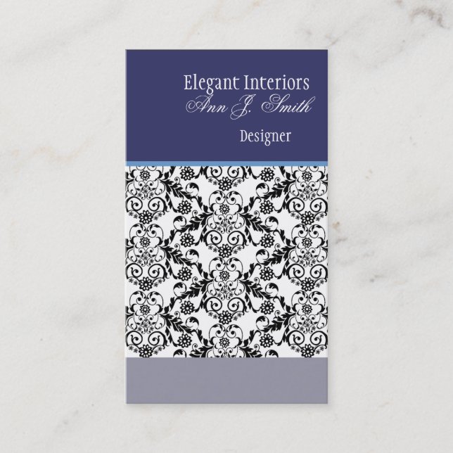 Classic Floral Damask Blue Black Retro Premade Business Card (Front)