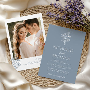 Classic Floral Dusty Blue Wedding Minimalist Photo Invitation