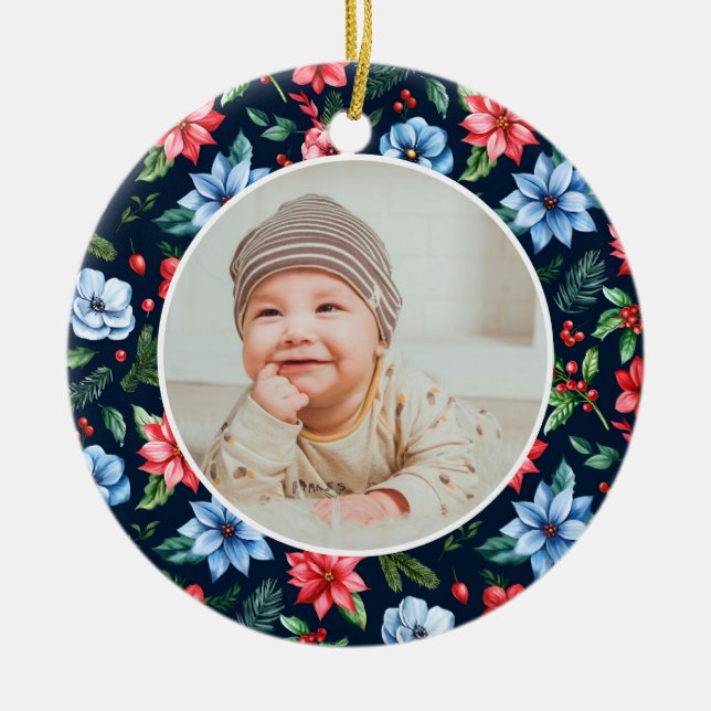 Classic Floral Frame Baby's First Christmas  Ceramic Ornament (Front)