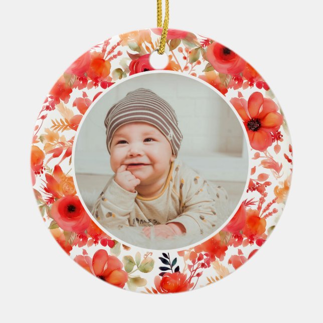 Classic Floral Frame Baby's First Christmas  Ceramic Ornament (Front)