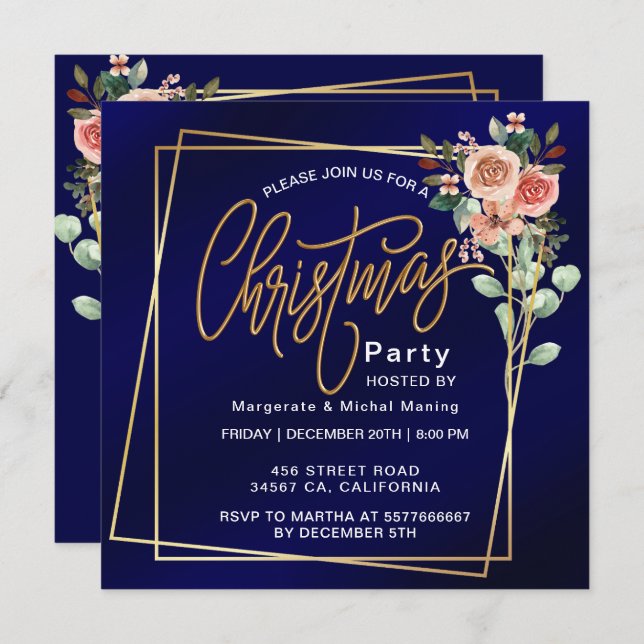 Classic Floral Frame Blue Christmas  Invitation (Front/Back)