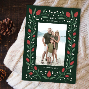 Classic Floral Frame Christmas Photo   Green Holiday Card