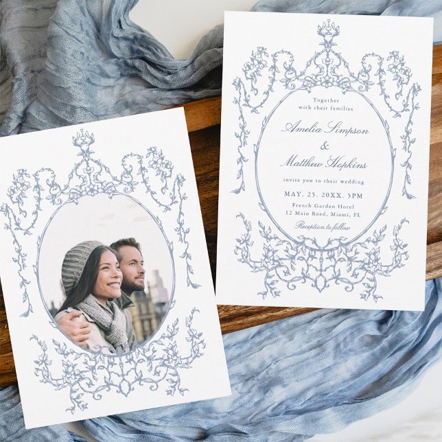 Classic Floral Frame Dusty Blue Wedding Photo Invitation (Front & Back)