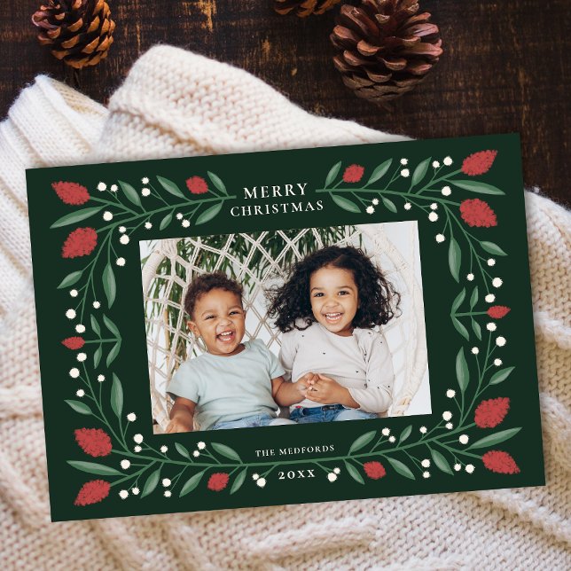 Classic Floral Frame Horizontal Christmas Photo Holiday Card (Creator Uploaded)