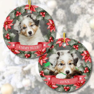 Classic Floral Frame Pet First Christmas Dog Ceramic Ornament