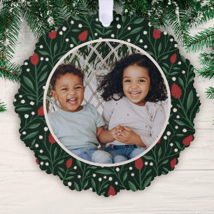 Classic Floral Frame Photo Christmas Green Tree Decoration Card
