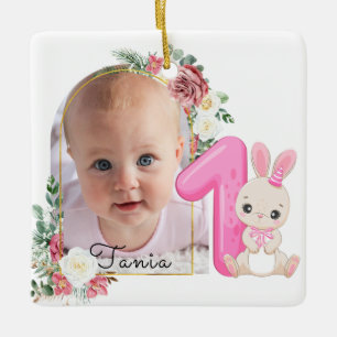 Classic Floral Frame Pink Baby's First Christmas Ceramic Ornament