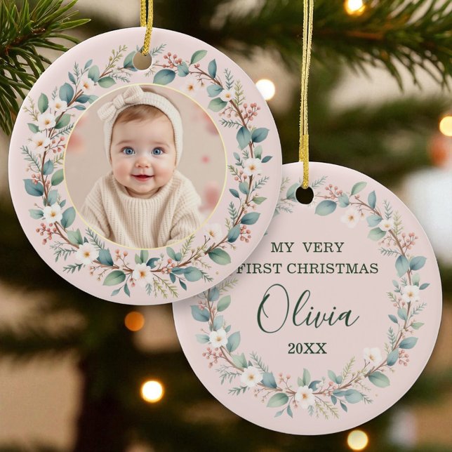 Classic Floral Frame Pink Baby's First Christmas Ceramic Ornament (Creator Uploaded)