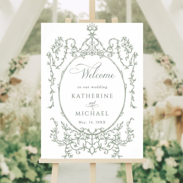 Classic Floral Frame Sage Green Wedding Welcome  Poster (Creator Uploaded)