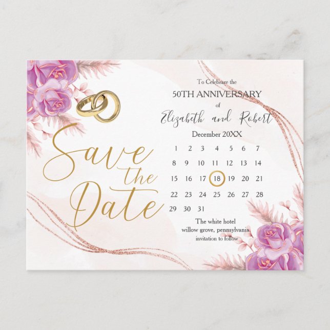 Classic Floral Gold 50th Anniversary Save The Date Announcement Postcard (Front)