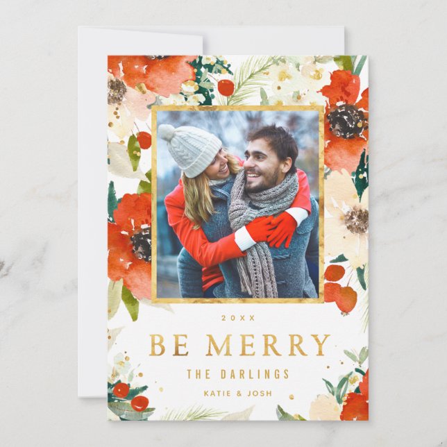Classic Floral & Gold Christmas Photo Card (Front)
