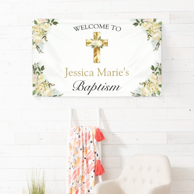 Classic Floral Gold Cross Baptism Welcome Banner (Insitu)