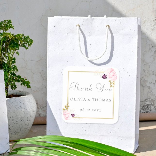 Classic Floral Gold Frame Pink Rose Rustic Wedding Square Sticker (Creator Uploaded)