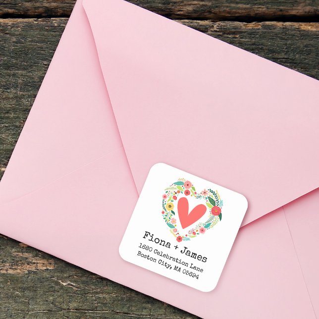 Classic Floral Heart Wreath Return Address Square Sticker (Classic Floral Heart Wreath Return Address Square Sticker)