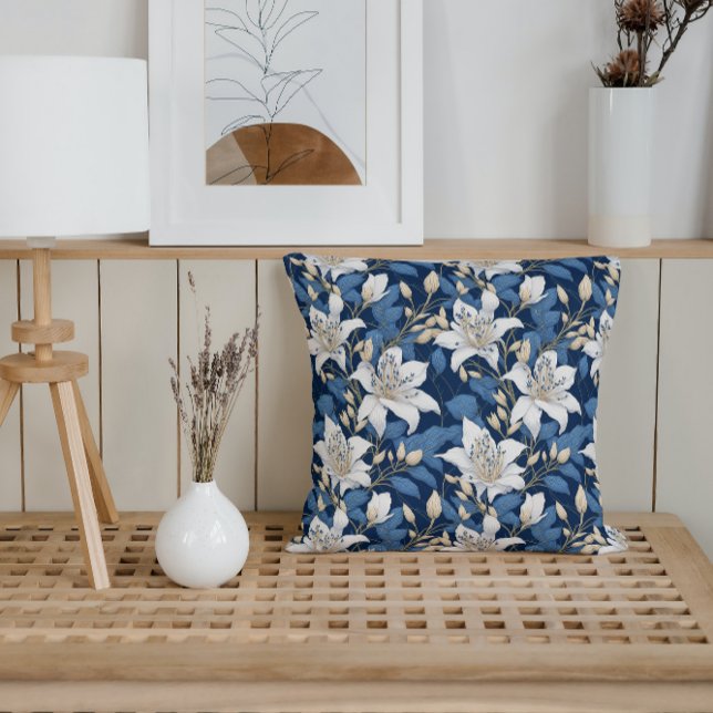 Classic Floral Lilies White Blue Spring Garden Cushion (Creator Uploaded)