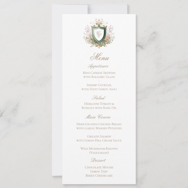 Classic Floral Monogram Crest Wedding Menu Card (Front)