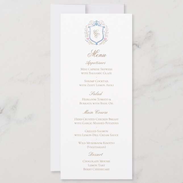 Classic Floral Monogram Crest Wedding Menu Card (Front)