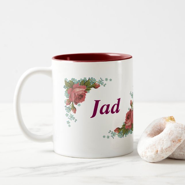 Classic Floral Monogram Letter J & Jad Name Person Two-Tone Coffee Mug (With Donut)