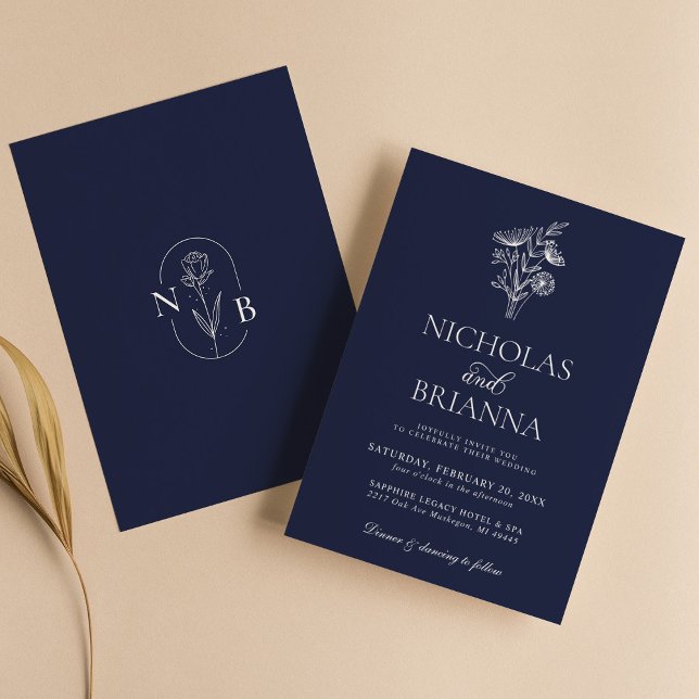 Classic Floral Navy Blue Wedding Minimalist Invitation (Creator Uploaded)