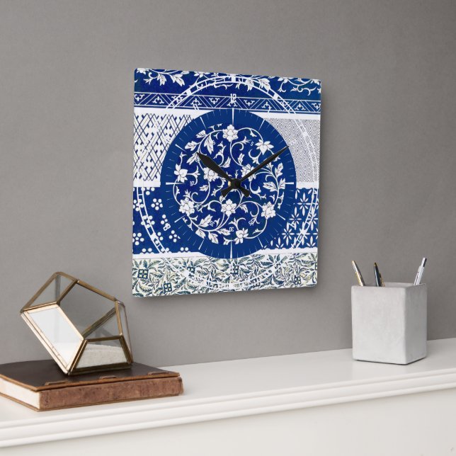 Classic Floral Ornament Print Square Wall Clock (Office)
