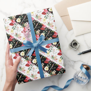 Classic Floral Pink black & white Diagonal Stripes Wrapping Paper