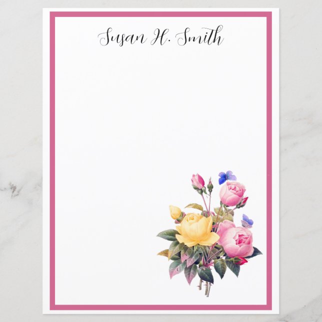 Classic Floral Pink Yellow Roses Purple Butterfly (Front)