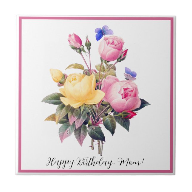 Classic Floral Pink Yellow Roses Purple Butterfly Ceramic Tile (Front)