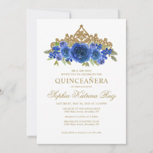 Classic Floral Royal Blue Gold Tiara Quinceañera Invitation