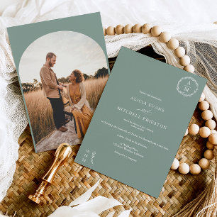 Classic floral sage green monogram wedding arch invitation