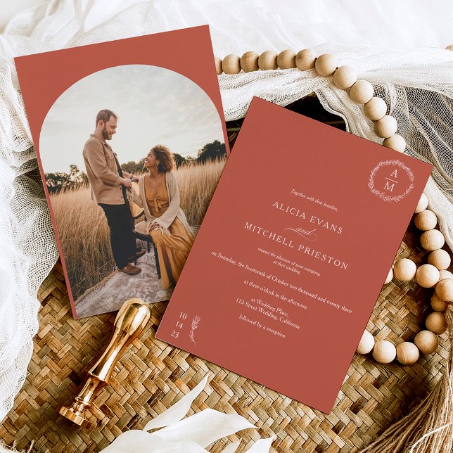 Classic floral terracotta monogram wedding arch invitation (Creator Uploaded)