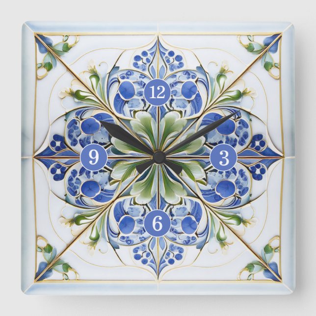 Classic Floral Tile Pat#13 Blue Green ID1078 Square Wall Clock (Front)
