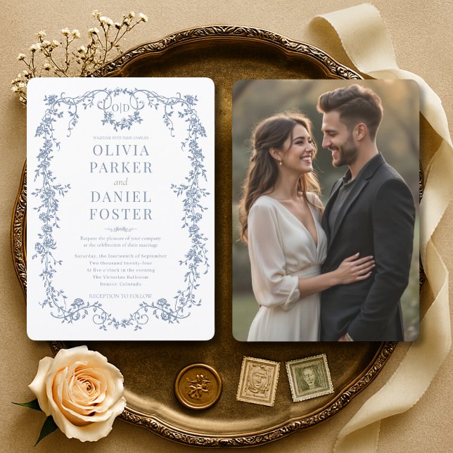 Classic Floral Victorian French Dusty Blue Wedding Invitation (Creator Uploaded)