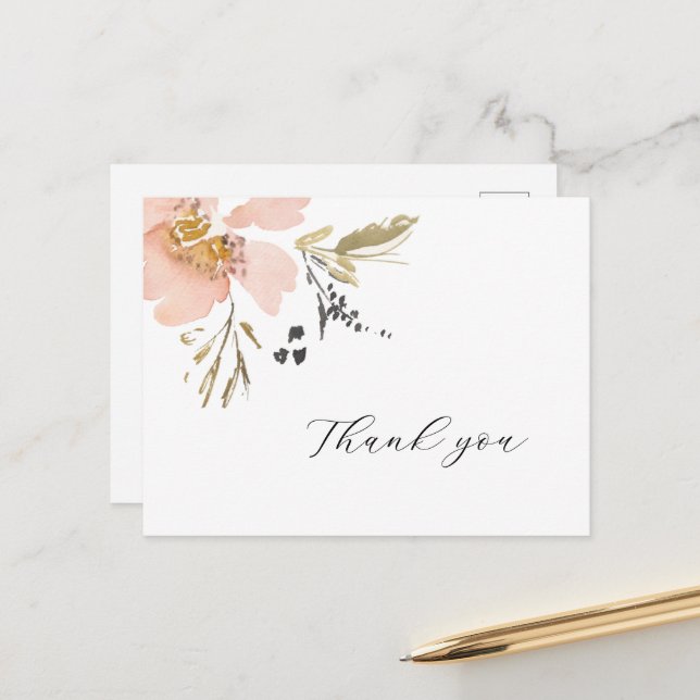 Classic Floral Watercolor Script Thank You Card (Front/Back In Situ)