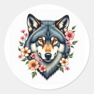 Classic Floral Wolf's Head  Round Stickers