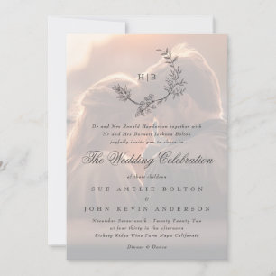Classic Floral Wreath Monogram Photo Wedding Invitation