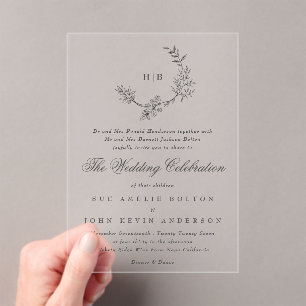 Classic Floral Wreath Monogram Wedding Acrylic Invitations