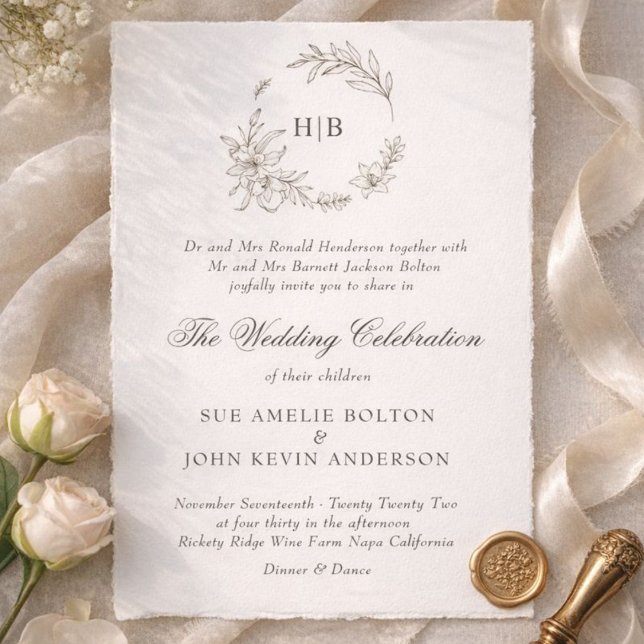 Classic Floral Wreath Monogram Wedding Invitation (Creator Uploaded)