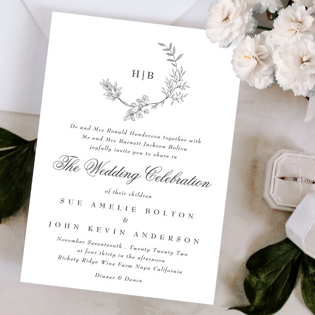 Classic Floral Wreath Monogram Wedding Invitation (Creator Uploaded)