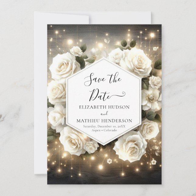Classic Florals White Roses Wedding Save The Date (Front)
