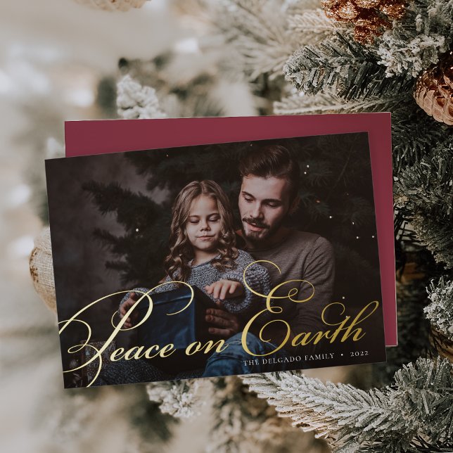 Classic Flourish | Peace on Earth Photo Foil Holiday Card (Creator Uploaded)