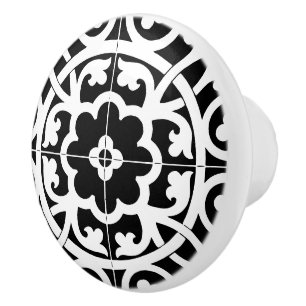 Classic Flower Line Art Floral Black & White Ceramic Knob