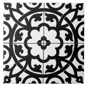 Classic Flower Line Art Floral Black & White Ceramic Tile