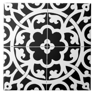 Classic Flower Line Art Floral Black & White Ceramic Tile