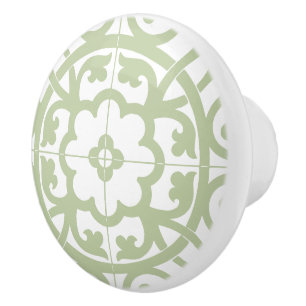 Classic Flower Line Art Floral Sage Green & White Ceramic Knob